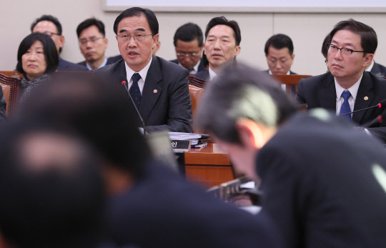 조명균 통일부 장관이 29일 오전 서울 여의도 국회에서 열린 외교통일위원회의 통일부, 민주평화통일자문회의사무처, 북한이탈주민지원재단, 남북교류협력지원협회에 대한 종합감사에서 위원들의 질의에 답변하고 있다.